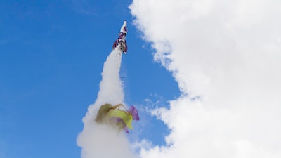 In this Saturday afternoon, Feb. 22, 2020, photo 'Mad' Mike Hughes rocket takes off, with what appears to be a parachute tearing off during its launch near Barstow, Calif. Hughes, a California man who said he wanted to fly to the edge of outer space to see if the world is flat or round has died after his home-built rocket blasted off into the desert sky and plunged back to earth. 'Mad' Mike Hughes, 64, was killed on Saturday after his rocket crashed.