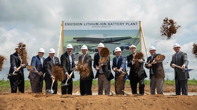 Gov. Andy Beshear, Envision AESC executives and a group of elected officials break ground on the $2 billion, 3-million-square-foot Envision AESC electric vehicle battery technology gigafactory to be constructed in the Kentucky Transpark in Bowling Green, Ky., Tuesday, Aug. 30, 2022. The Envision AESC gigafactory in south-central Kentucky will produce battery cells and modules that will power electric vehicles produced by multiple automakers.