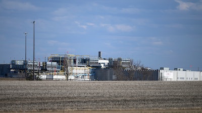 This photo taken April 18, 2020, shows the JBS USA Pork Plant in Worthington, Minn.