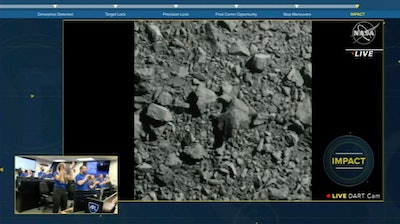 In this image made from a NASA livestream, the Double Asteroid Redirection Test spacecraft crashes into an asteroid on Monday, Sept. 26, 2022.