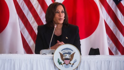 U.S. Vice President Kamala Harris hosts a roundtable discussion with Japanese business executives from companies in the semiconductor industry, at the Chief Mission Residence in Tokyo Wednesday, Sept. 28, 2022.