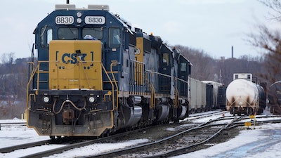 CSX locomotives sit at CSX North Framingham Yard, on Jan. 24, 2023, in Framingham, Mass.