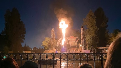 This photo courtesy of Shawna Bell shows a fire during the “Fantasmic' show in the Tom Sawyer Island section of Disneyland resort in Anaheim, Calif., on Saturday, April 22, 2023.