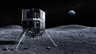 This illustration provided by ispace in April 2023 depicts the Hakuto spacecraft on the surface of the moon with the Earth in the background.