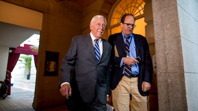 House Majority Leader Steny Hoyer of Md., left, arrives for a House Democratic caucus meeting on Capitol Hill in Washington, Wednesday, July 10, 2019.