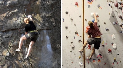 In this combo of images from video provided by Dartmouth College, a climber ascends an outdoor rock face, left, on Dec. 12, 2015 in Rumney, N.H., and another climber ascends a replica indoor climbing wall, right, on Jan. 16, 2016, in Hanover, N.H. Using three-dimensional geometry, the three-dimensional replica of the rock wall was created by tracking a climber's hand and foot positions and by estimating the contact forces.